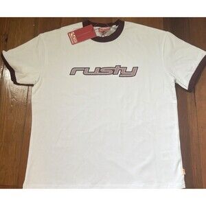 Y2K Vintage Rusty Ringer T-Shirt White Cranberry Red Trim Logo Tee NWT Skate